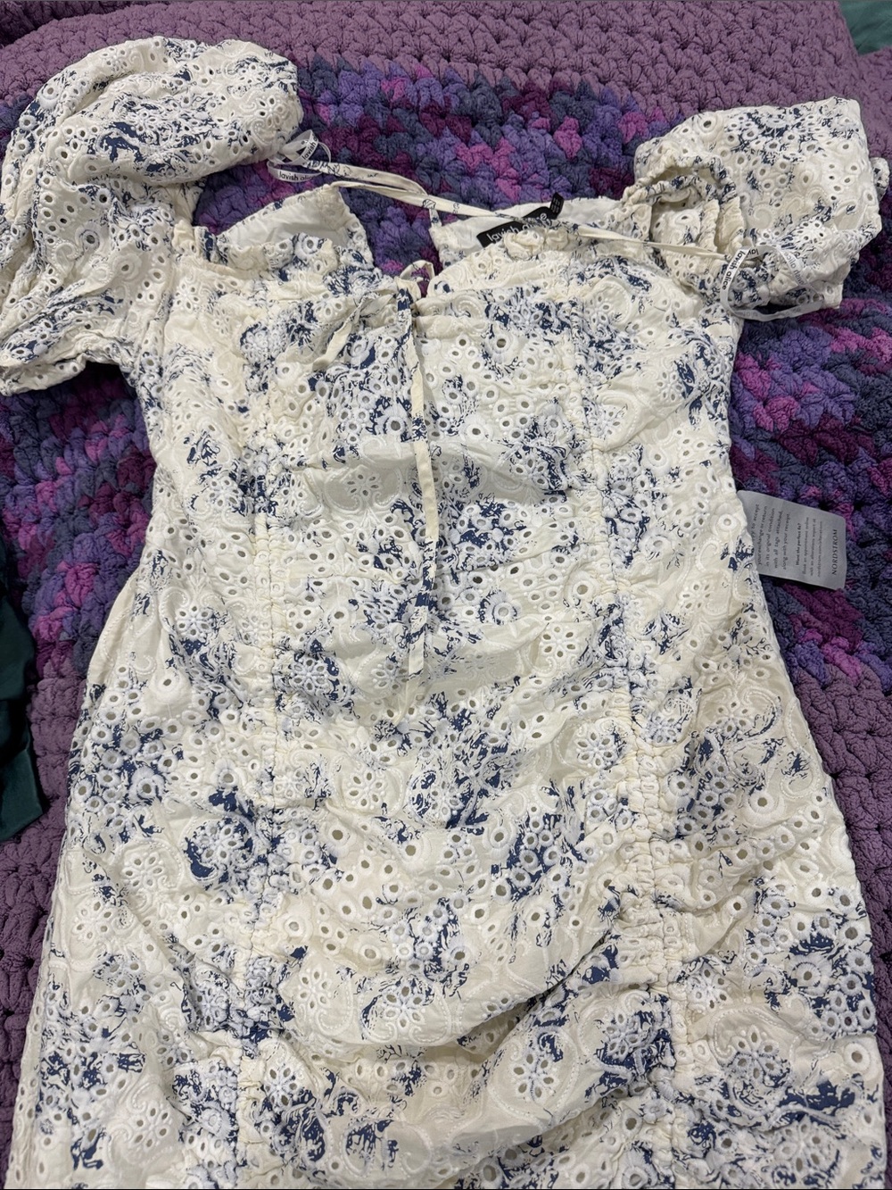 Lavish Alice White and Blue Eyelet Backless Dress